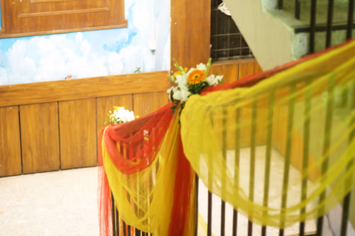 Colorful Semi Sheer Curtains on Stairs in Wedding Ceremony