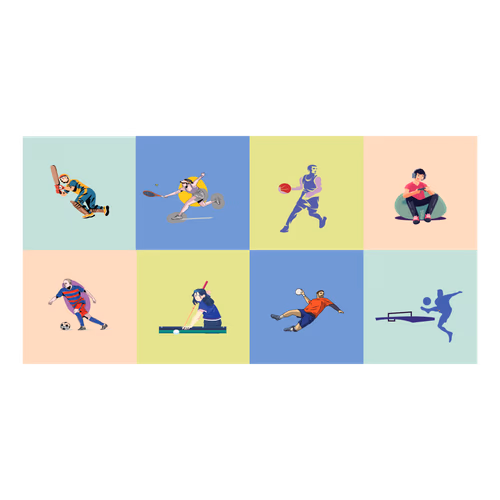 A row of cartoon children playing different sports including tennis soccer and badminton vector design