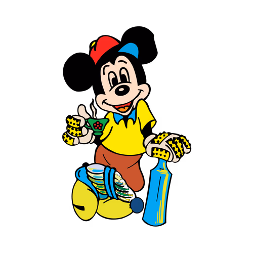 As a preparation for playing cricket with the bat Mickey Mouse is having fun drinking a cup of tea vector cartoon