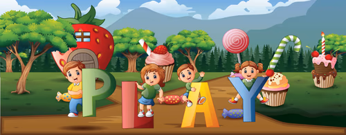 Cartoon Children Playing in the Sweet Land