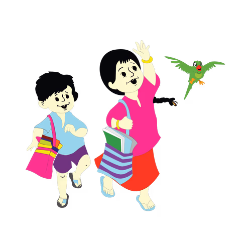 Meena, her brother Raju, her pet parrot Mithu go to school together to study vector cartoon design