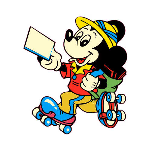 Mickey Mouse running after roller skating legs with letters in hand vector cartoon