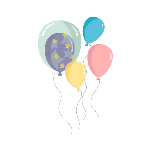 Clip art illustration of colorful helium party balloons tied with a ribbon
