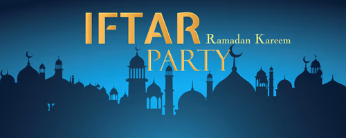 Iftar Party Ramadan Kareem with Masjid Background Vector
