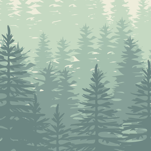 A painting of a forest with a line of trees in the background