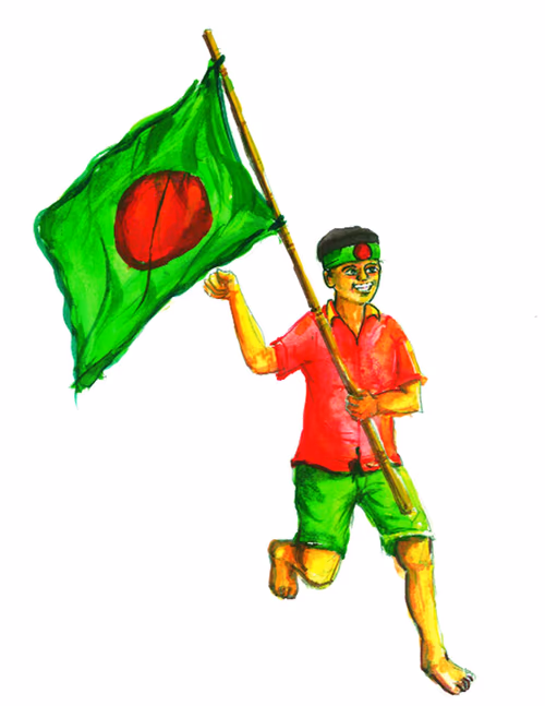 Bangladeshi rural children run with Bangladeshi national flag of Bangladesh