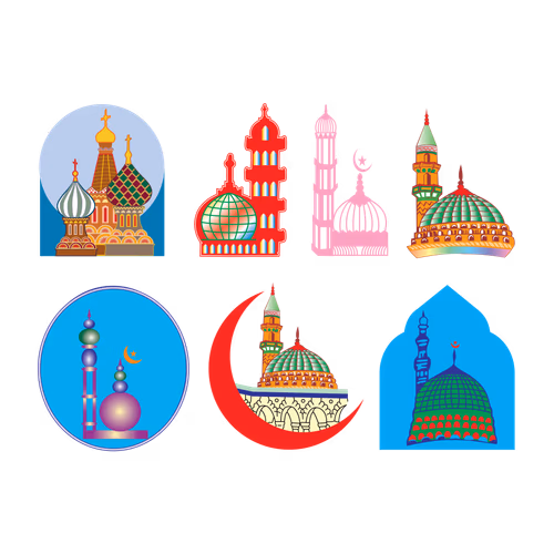Collection of All Colorful Muslim Mosques and Minarets Vector Design