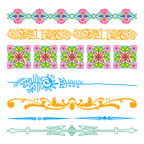 Colorful border set vector of many beautiful flowers and leaves