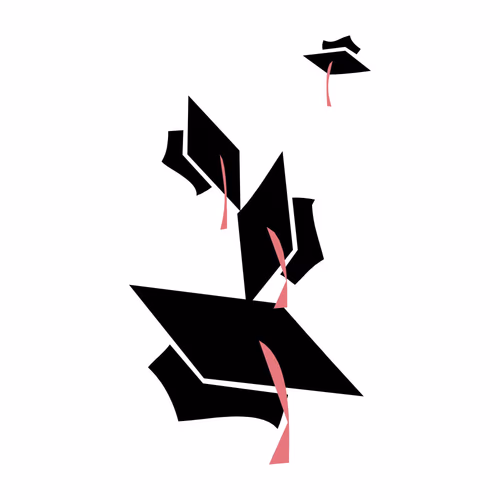Flying Graduation Caps Silhouette with Musical Note Background