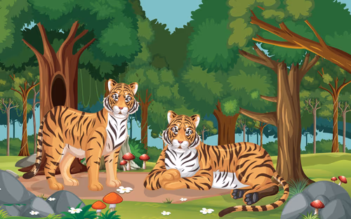 Forest or rainforest scene with tiger family