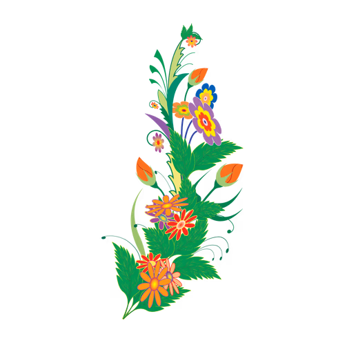 Petrykivka Composition with Green, Red and Yellow Flowers Ukrainian Folk Art Beautiful Vector Floral Corner Design Ukrainian Traditional Style Painting, Flowers, Leaves Apona Illustration