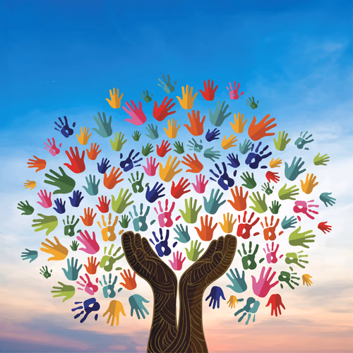 The colorful hand tree of the Islamic mind is forgotten in the leaves of the detached hand and rainb