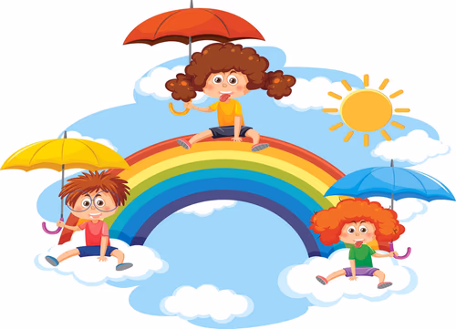 Three kids holding umbrella in the sky