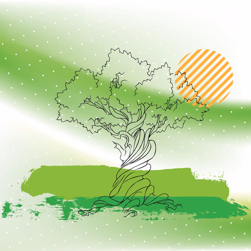 Tree Vector Art Illustration with Sun and Star Background