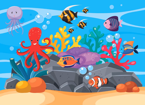 Underwater scene with many sea animals