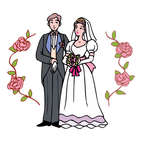 Wedding party dress code for wedding bride and groom wedding character illustration drawing romantic couple silhouette couple floral wedding illustration vector