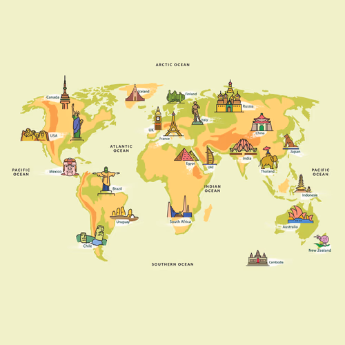 World Map with Landmark of Famous Country Symbol Vector