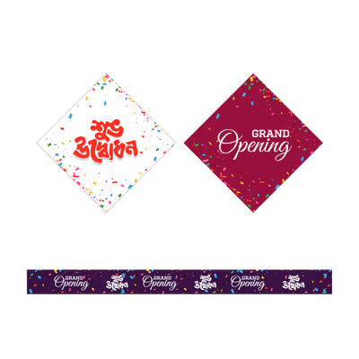 Grand Opening English with Bangla lettering and brand promotion diamond shape include opening ribbon