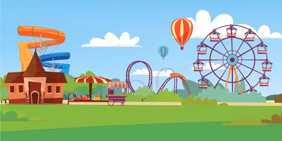 Landscape illustration flat design giant wheel or wheel, amazing colorful ferris wheel in amusement