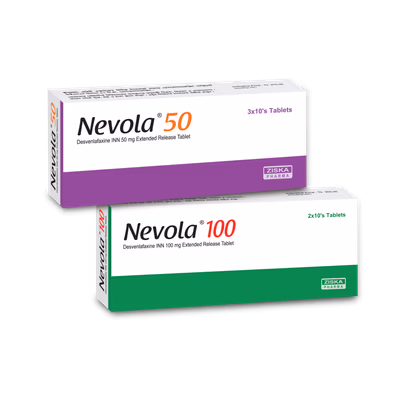 Nevola 50mg or 100mg Tablets Pharma Box Packaging Designs Vector